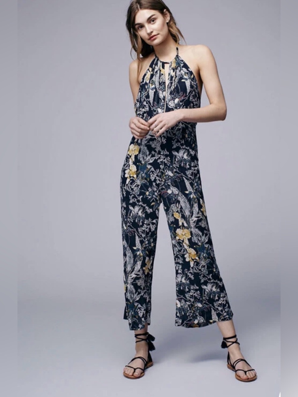Free People Black Floral Halter Wide-Leg Jumpsuit